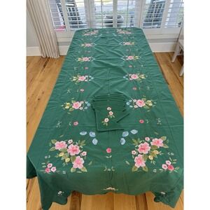 VTG Blue/pinks Hand Made Applique/ Embroidered Tablecloth 10x5ft/ 12 Napkins